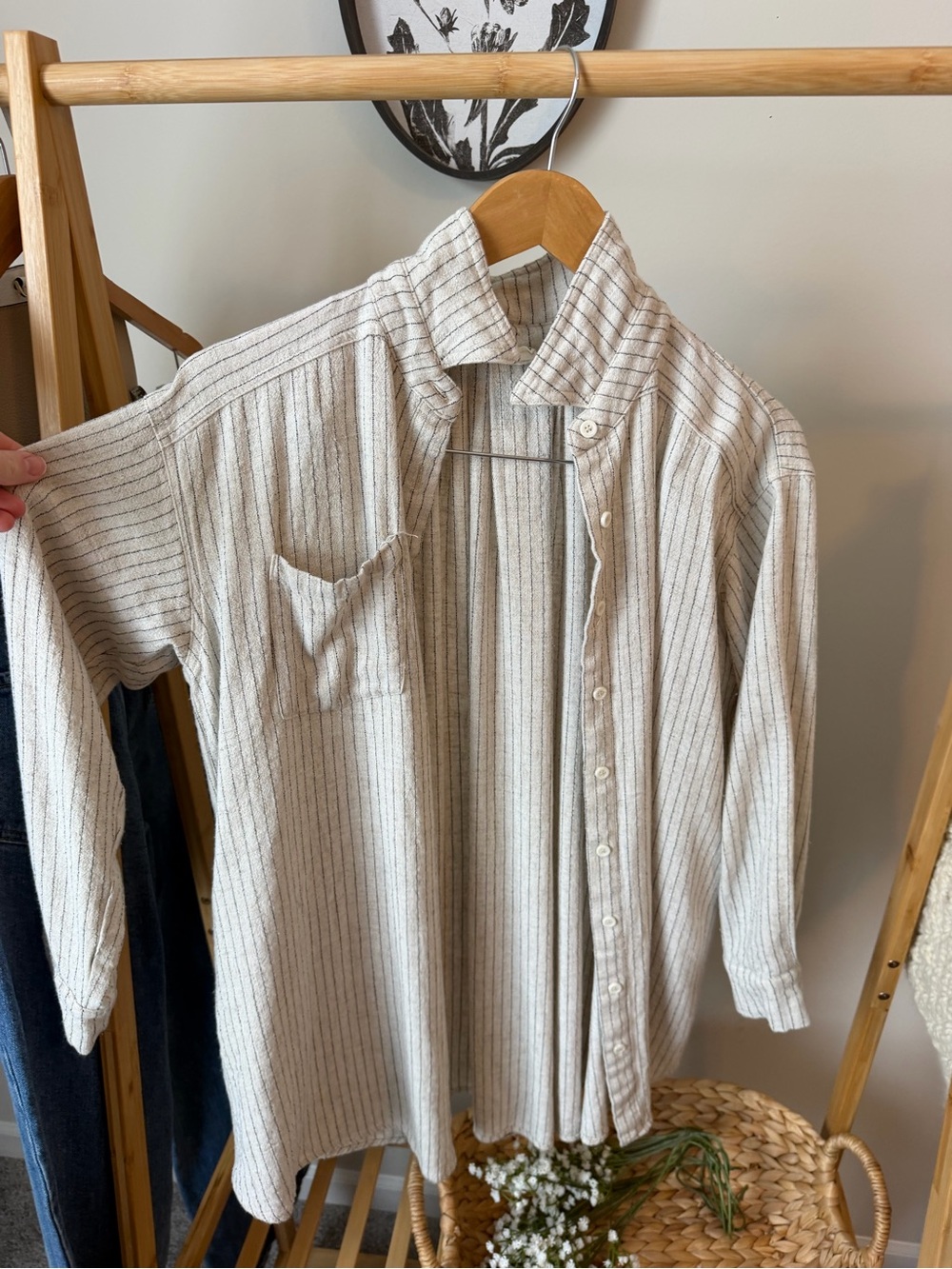 Easel Los Angeles Beige Pinstripe Button-Up Shirt